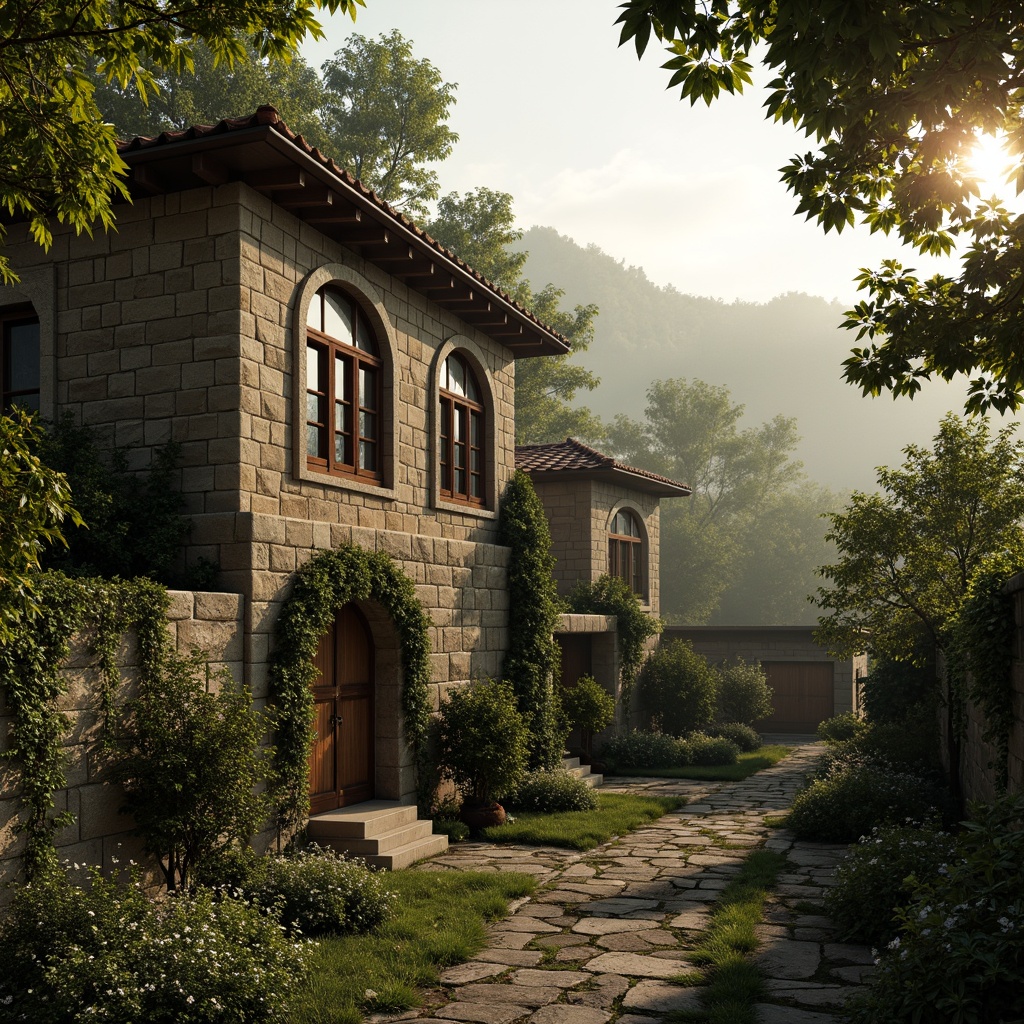 Prompt: Rustic stone buildings, arched windows, ornate carvings, lush greenery, overgrown vines, ancient trees, serene countryside, rolling hills, misty morning, warm golden lighting, soft focus, 1/1 composition, intimate atmosphere, natural textures, ambient occlusion, earthy tones, moss-covered walls, weathered stone surfaces, tranquil ambiance.