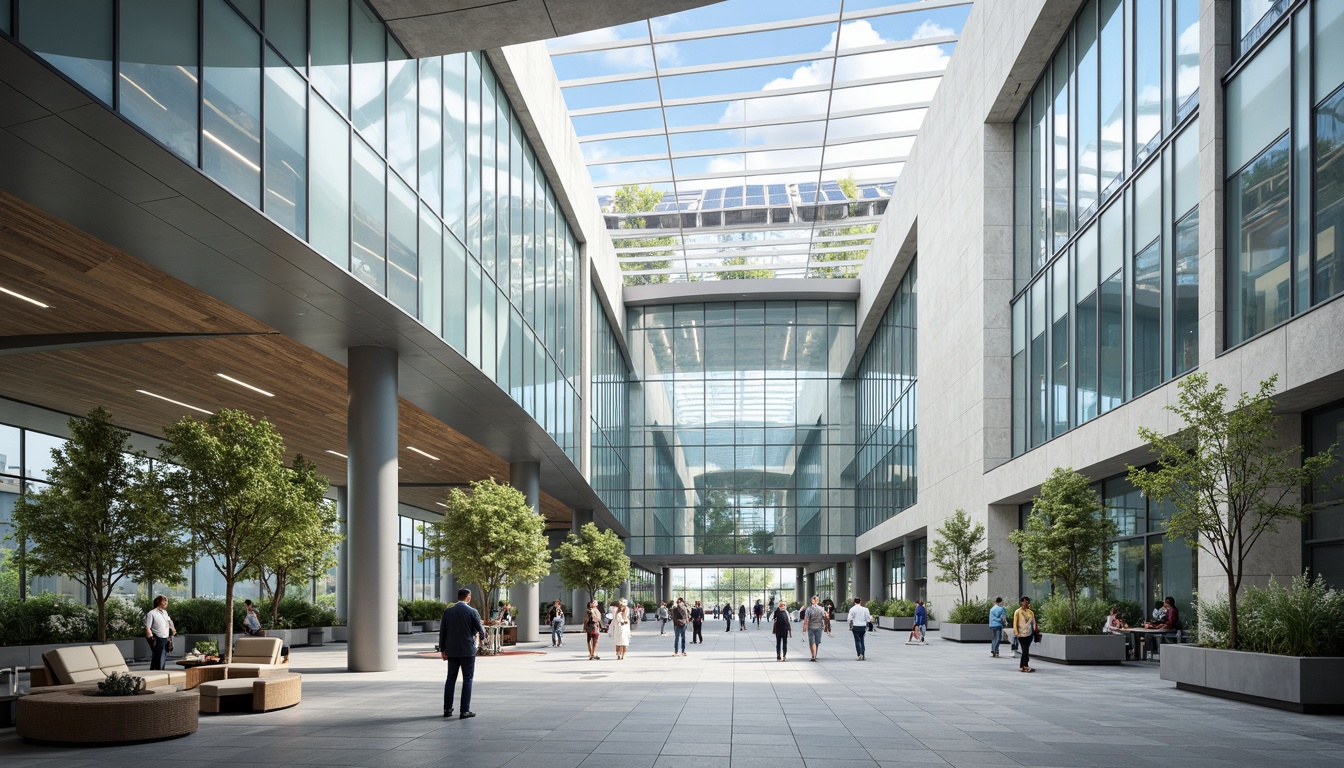 Prompt: Modern courthouse building, grand entrance, sweeping curves, large glass atrium, cantilevered roof structure, futuristic design elements, sustainable materials, green roofs, solar panels, angular lines, minimalist aesthetic, sleek metal accents, polished stone floors, natural light pouring in, shallow depth of field, 3/4 composition, panoramic view, realistic textures, ambient occlusion.