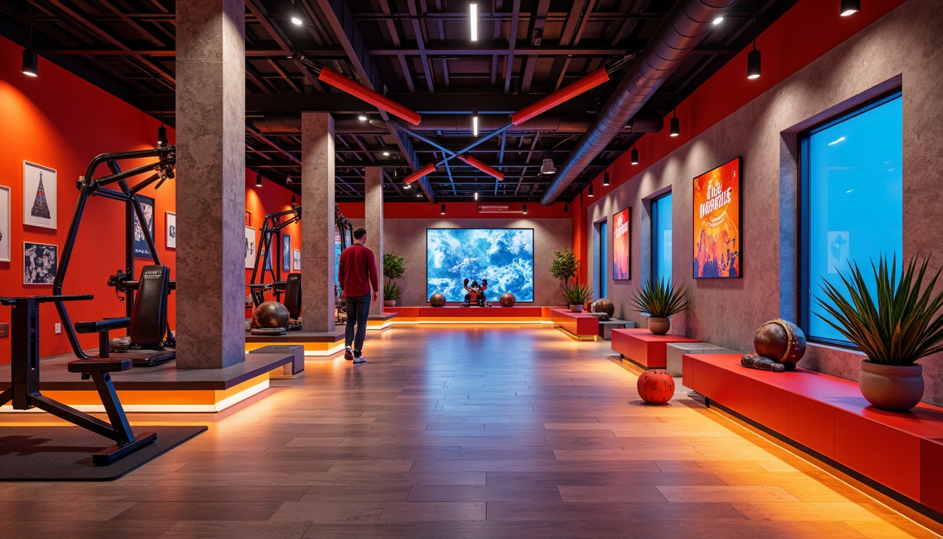 Prompt: Vibrant fitness club interior, bold color scheme, energetic red tones, motivational orange accents, calming blue hues, neutral grey backgrounds, sleek metal equipment, modern LED lighting, mirrored walls, polished wooden floors, dynamic geometric patterns, abstract art pieces, futuristic architecture design, spacious open layout, natural stone features, ambient warm lighting, shallow depth of field, 3/4 composition, realistic textures, panoramic view.