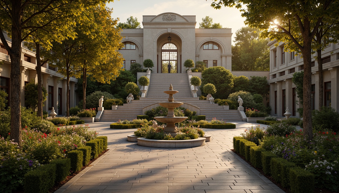 Prompt: Ornate fountain, grand staircase, symmetrical gardens, manicured hedges, topiary trees, vibrant flowerbeds, statues of mythological figures, intricate stone carvings, ornate iron gates, meandering walkways, tranquil ponds, reflecting pools, majestic entranceways, dramatic lighting effects, warm golden illumination, 1/2 composition, shallow depth of field, realistic textures, ambient occlusion.