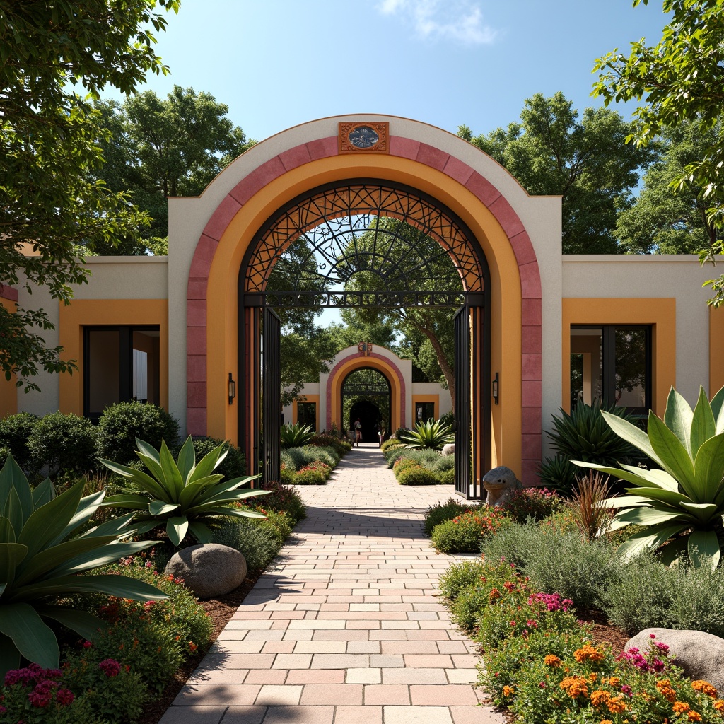 Prompt: Vibrant zoo entrance, Art Deco gates, ornate metalwork, lush greenery, tropical plants, exotic flowers, winding pathways, natural stone walls, curved lines, geometric patterns, bold colors, whimsical animal sculptures, intricate mosaics, sun-drenched courtyards, shaded walkways, panoramic views, 1/1 composition, warm soft lighting, realistic textures, ambient occlusion.