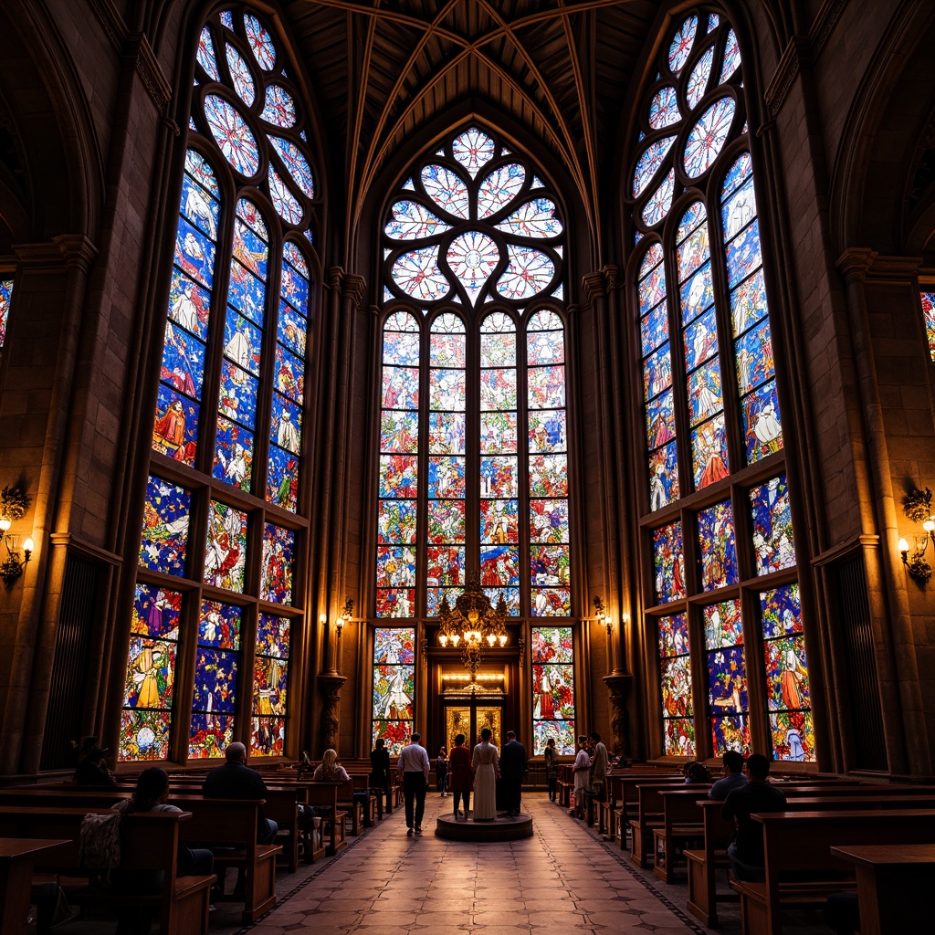 Prompt: Vibrant stained glass windows, kaleidoscopic colors, intricate patterns, ornate designs, Gothic architecture, grand cathedrals, sacred spaces, spiritual ambiance, warm natural light, radiant glow, dramatic shadows, luxurious materials, ornamental details, Art Nouveau influence, flowing curves, organic forms, whimsical motifs, colorful reflections, shimmering effects, symmetrical compositions, 1/2 composition, soft diffused lighting, mystical atmosphere.