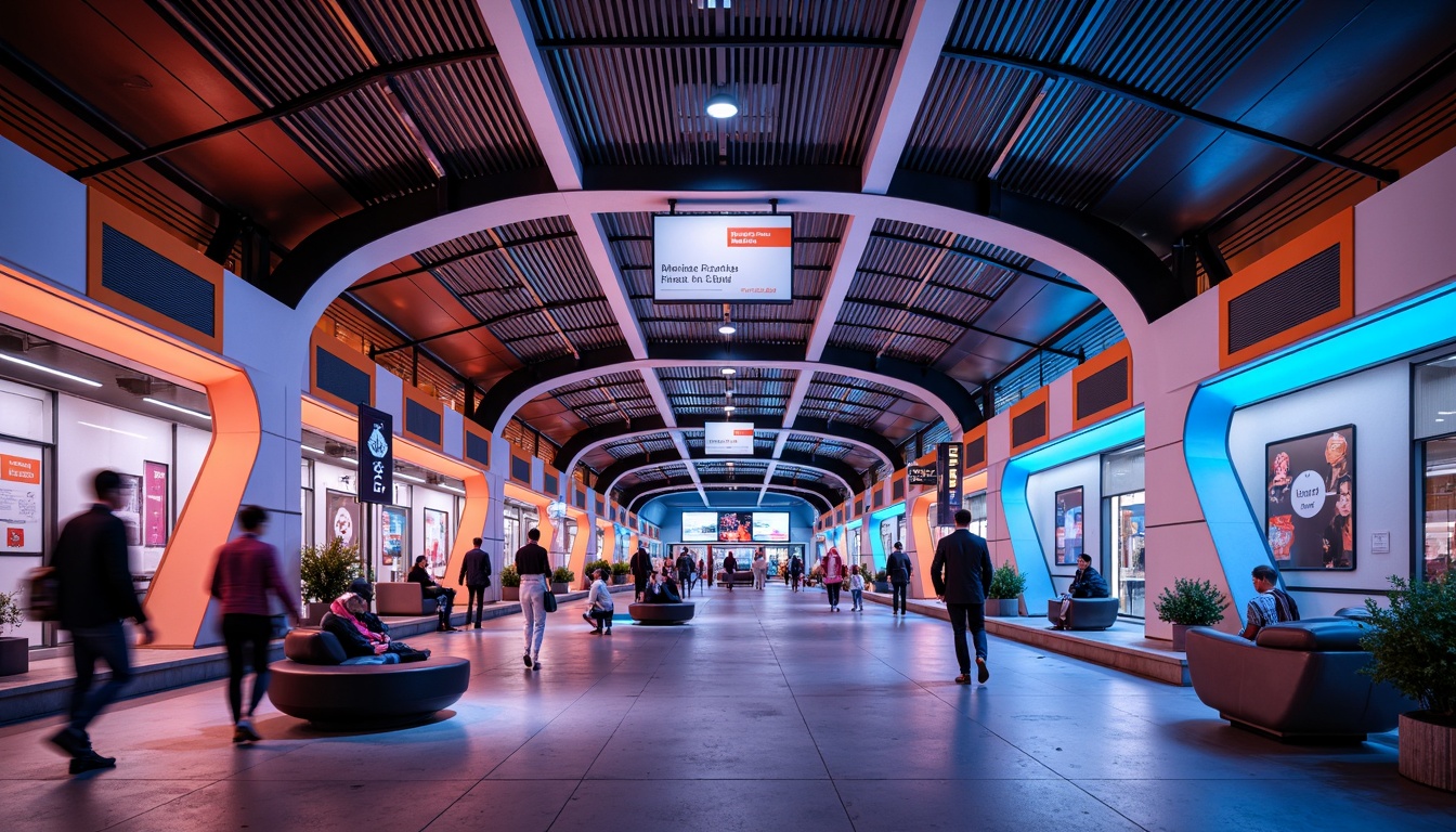 Prompt: Vibrant metro station, futuristic architecture, bright LED lighting, bold color scheme, contrasting hues, high-contrast signage, dynamic patterns, geometric shapes, modern materials, sleek metallic surfaces, glass ceilings, spacious open areas, efficient navigation systems, intuitive wayfinding, comfortable seating areas, calming ambiance, natural stone floors, warm atmosphere, soft diffused lighting, shallow depth of field, 1/1 composition, realistic textures, ambient occlusion.