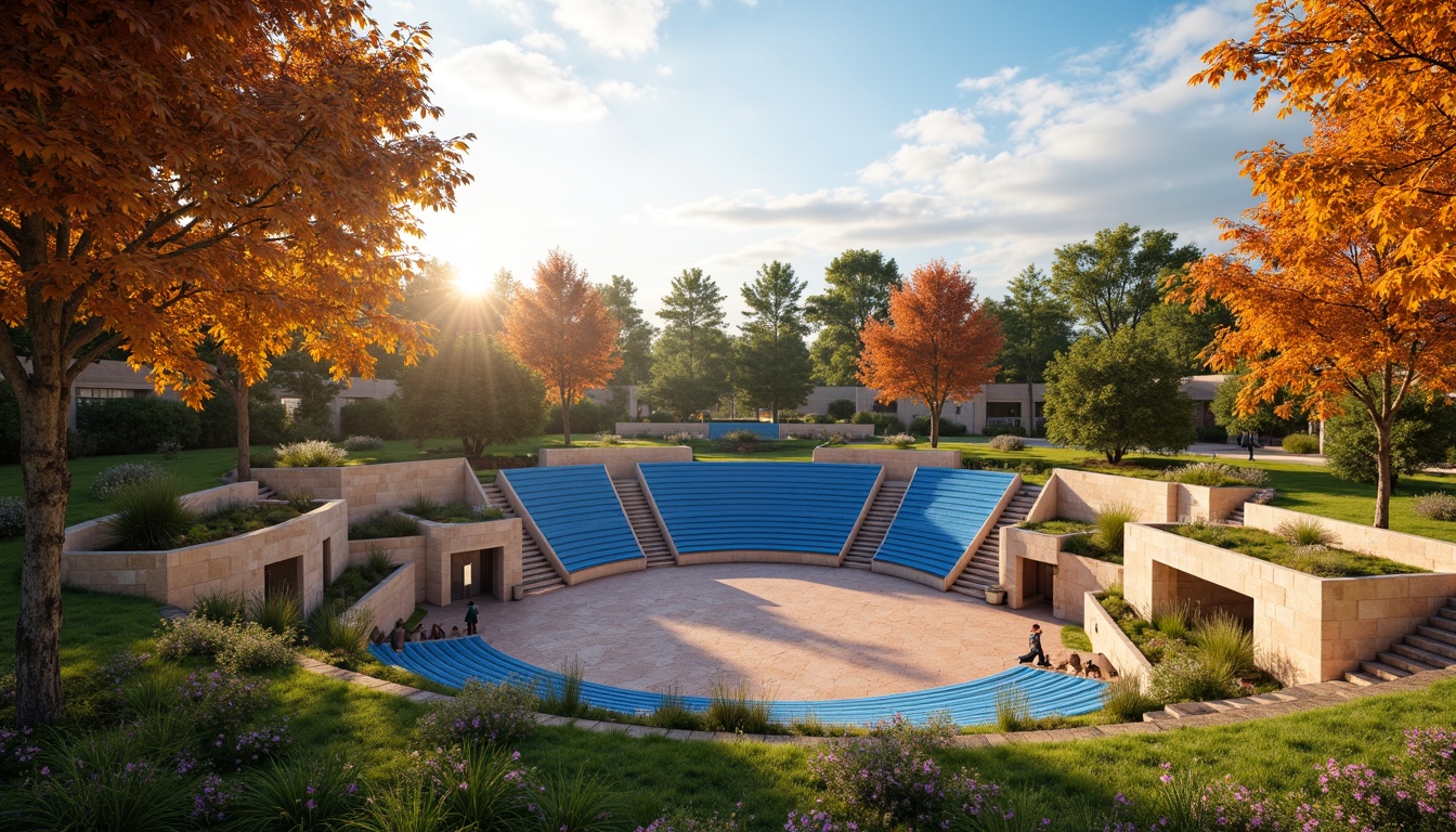 Prompt: Vibrant outdoor amphitheater, gradient blue seats, warm beige stone walls, lush green grassy slopes, natural wood accents, earthy terracotta flooring, soft golden lighting, sunset-inspired color palette, gentle misting system, panoramic views, 3/4 composition, realistic textures, ambient occlusion.