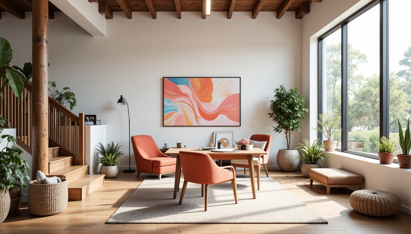 Prompt: Vibrant design studio, modern minimalist space, sleek wooden desk, ergonomic chair, colorful artwork, abstract patterns, pastel hues, soft peach tones, calming blue shades, bright coral accents, natural textiles, woven baskets, potted plants, floor-to-ceiling windows, abundant sunlight, warm white lighting, shallow depth of field, 3/4 composition, panoramic view, realistic textures, ambient occlusion.