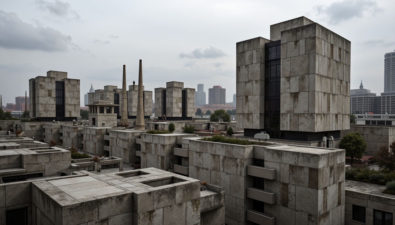 Prompt: Rugged brutalist buildings, raw concrete textures, exposed ductwork, industrial materials, bold geometric forms, fortress-like structures, urban cityscape, overcast sky, dramatic shadows, high-contrast lighting, rough-hewn stone walls, cold metallic accents, functional minimalism, stripped-back aesthetics, monumental scales, imposing fa\u00e7ades, Brutalist ideology, anti-ornamentation philosophy, honest material expression, brutal functionality.