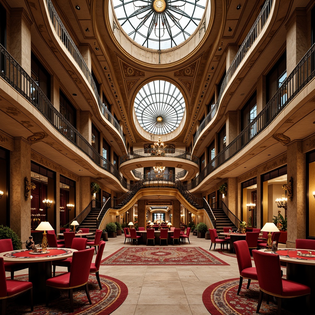 Prompt: Luxurious casino interior, ornate Art Nouveau details, curved lines, flowing patterns, intricate metalwork, stained glass ceiling, crystal chandeliers, rich velvet fabrics, bold color schemes, golden accents, marble floors, lavish furnishings, grand staircases, sweeping archways, dramatic lighting effects, soft focus, shallow depth of field, 1/1 composition, ornate mirrors, opulent textures, ambient occlusion.