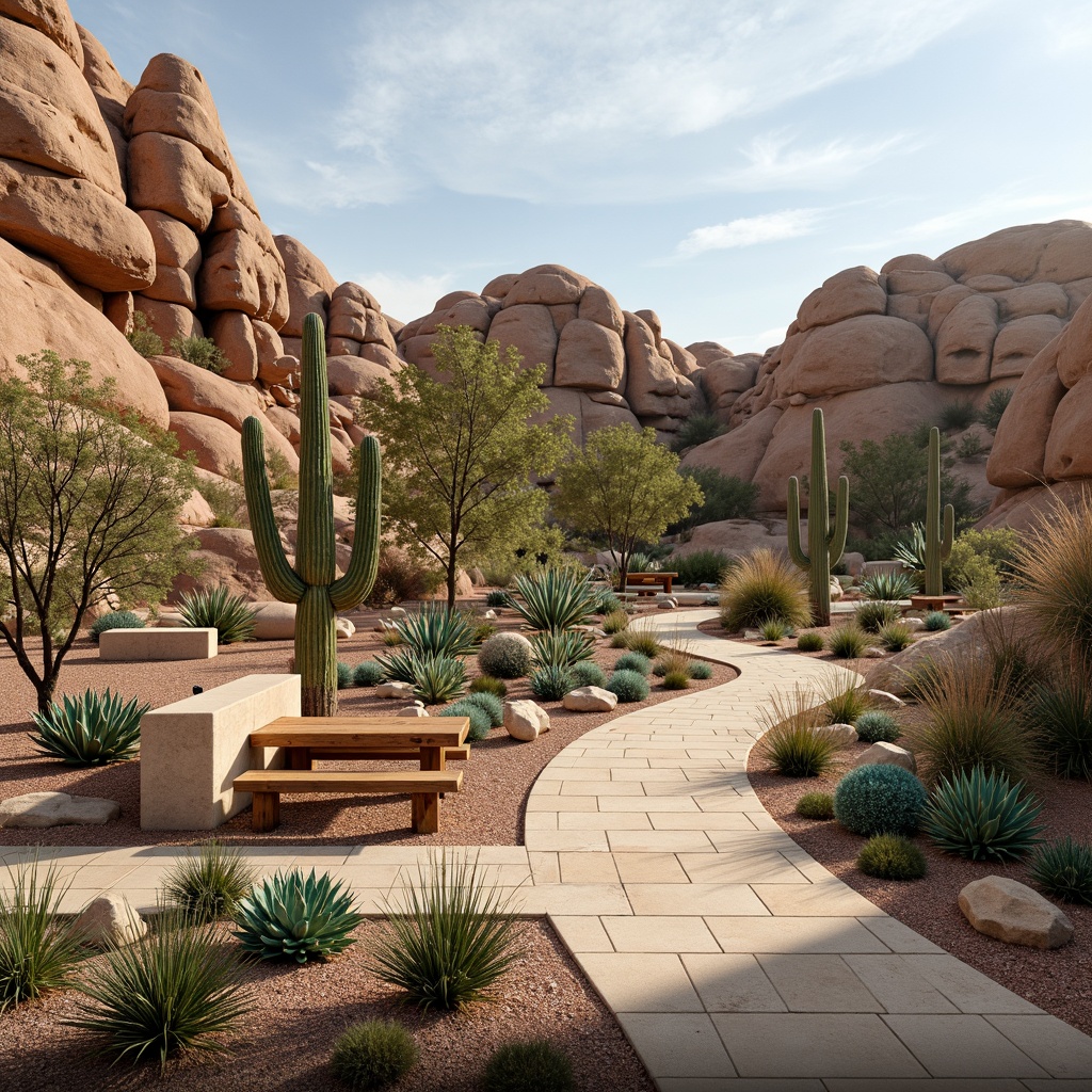 Prompt: Arid desert landscape, cactus plants, sandy dunes, rock formations, succulent gardens, xeriscaping, drought-tolerant flora, ornamental grasses, stone pathways, weathered wooden benches, metal sculptures, vibrant turquoise accents, warm golden lighting, shallow depth of field, 3/4 composition, panoramic view, realistic textures, ambient occlusion.