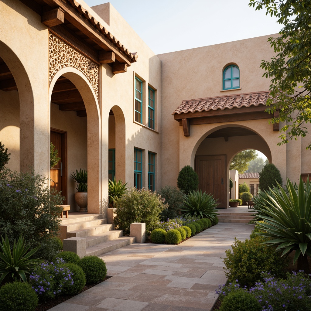 Prompt: Warm beige stone walls, rustic terracotta roofs, ornate carvings, grand archways, vibrant turquoise accents, earthy brown wooden doors, soft golden lighting, misty morning atmosphere, shallow depth of field, 1/2 composition, realistic textures, ambient occlusion, natural stone pathways, lush greenery, blooming flowers, serene courtyard, peaceful ambiance.