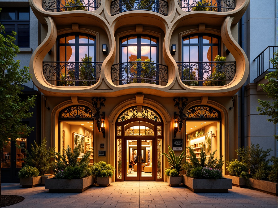 Prompt: Ornate hotel facade, flowing curves, sinuous lines, organic forms, vibrant colors, intricate ironwork, stained glass windows, grand entrance, ornamental doors, botanical motifs, foliage patterns, luxurious textures, warm golden lighting, shallow depth of field, 1/1 composition, close-up shot, realistic materials, ambient occlusion.