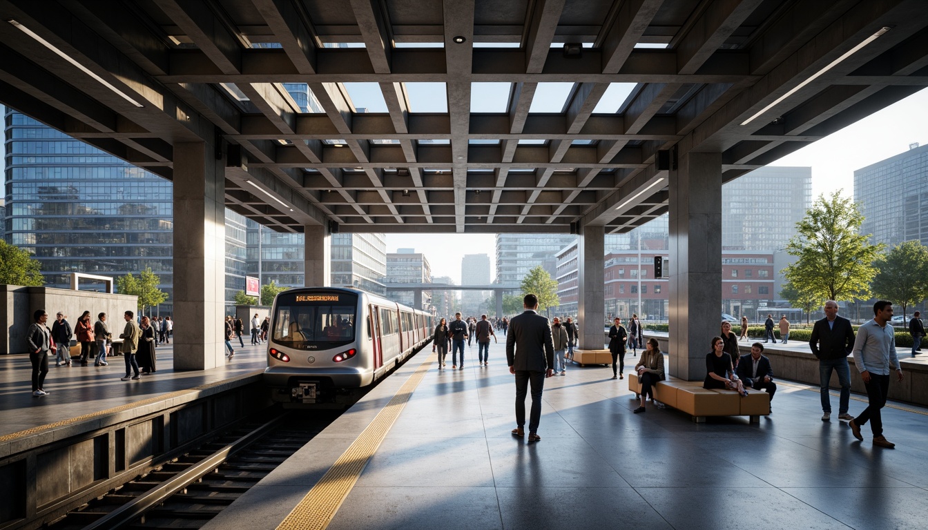 Prompt: Modern metro station, sleek lines, industrial materials, stainless steel accents, LED lighting, efficient passenger flow, clear signage, intuitive wayfinding, spacious platforms, comfortable seating areas, natural stone floors, urban cityscape views, rush hour crowds, morning commute atmosphere, soft overhead lighting, shallow depth of field, 1/2 composition, realistic textures, ambient occlusion.