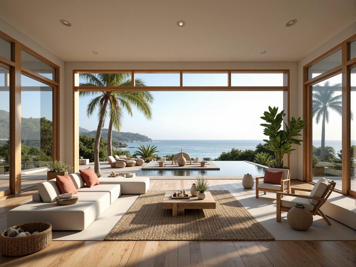 Prompt: Beachside villas, open floor plan, coastal scenery, floor-to-ceiling windows, sliding glass doors, ocean views, natural wood flooring, minimalist decor, beachy color palette, shell-inspired accents, driftwood furniture, woven textiles, tropical plants, soft warm lighting, shallow depth of field, 1/1 composition, panoramic view, realistic textures, ambient occlusion.