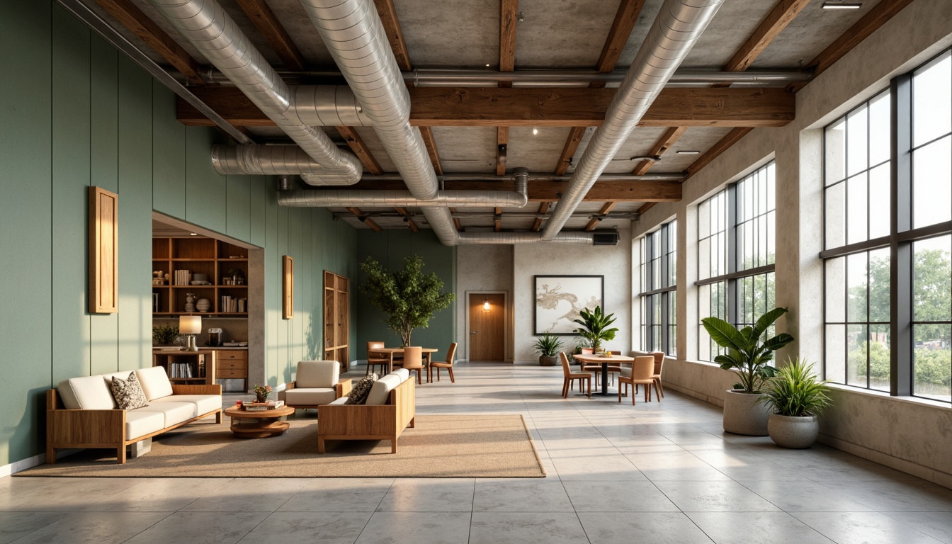 Prompt: Neutral-toned office building, fusion architecture, industrial-chic aesthetic, exposed ductwork, polished concrete floors, reclaimed wood accents, steel beams, minimal ornamentation, earthy color palette, sage green walls, sandy beige furniture, rich brown wood tones, creamy white ceilings, warm ambient lighting, shallow depth of field, 3/4 composition, realistic textures, soft focus background.