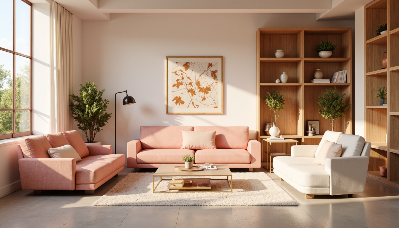 Prompt: Vibrant modern interior, sleek furniture, pastel color scheme, soft peach tones, creamy whites, rich wood accents, metallic gold details, natural textures, ambient lighting, 3/4 composition, shallow depth of field, realistic reflections, warm atmospheric mood.