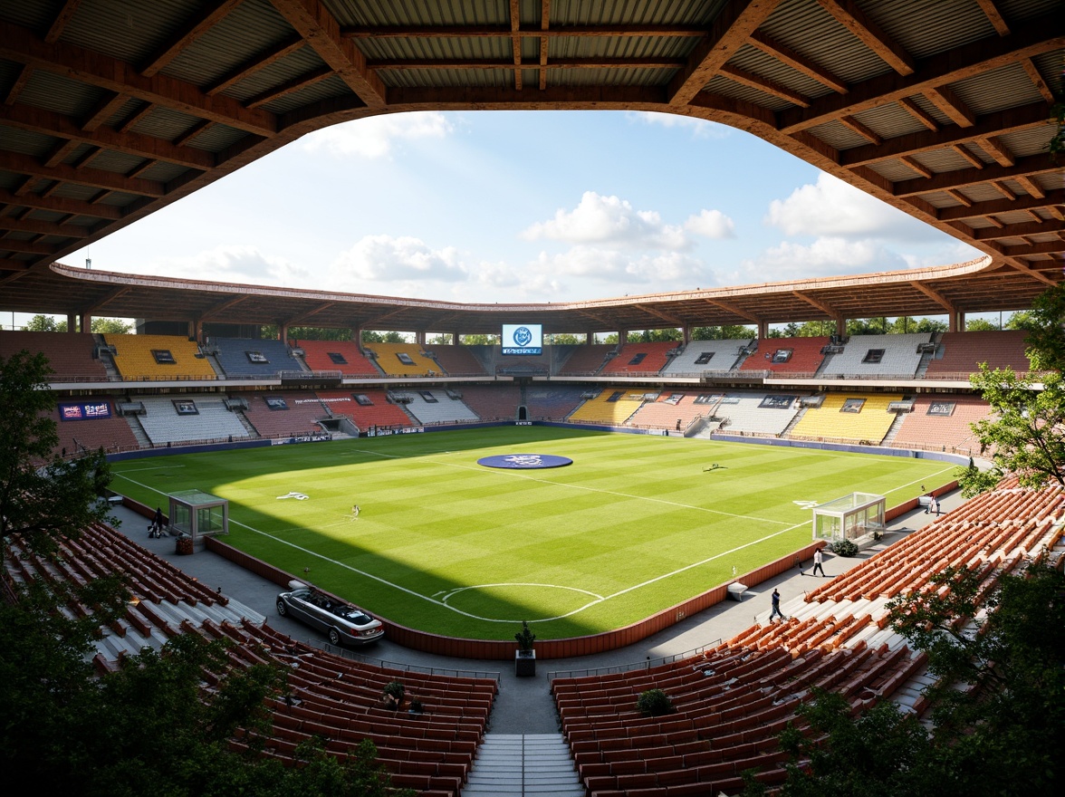 Prompt: Rustic soccer stadium, regional materials, earthy tones, natural stone fa\u00e7ade, reclaimed wood accents, corrugated metal roofs, exposed brick walls, industrial steel beams, vibrant team colors, dynamic LED lighting, lush greenery, tropical plants, warm sunny day, soft diffused shadows, 1/2 composition, low-angle shot, realistic textures, ambient occlusion.