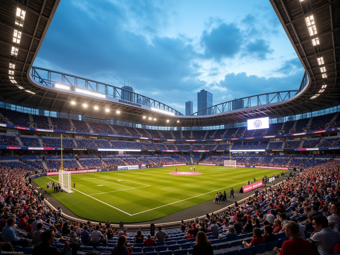 Prompt: Vibrant sports stadium, dynamic seating areas, bold team colors, bright LED scoreboards, sleek modern architecture, massive steel structures, concrete flooring, urban cityscape backdrop, cloudy blue sky, warm sunny day, dramatic shadowing, 1/2 composition, cinematic lighting, realistic textures, atmospheric fog effects.