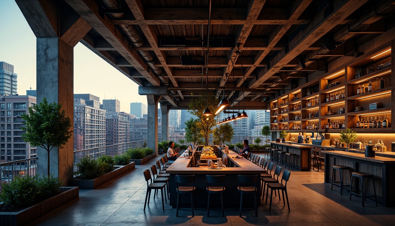 Prompt: Industrial bar structure, exposed steel beams, metallic latticework, reclaimed wood accents, urban cityscape, gritty concrete textures, moody atmospheric lighting, warm golden hour, shallow depth of field, 1/2 composition, cinematic framing, realistic reflections, ambient occlusion, muted color palette, dark blues, industrial greys, rusty oranges, weathered copper tones, distressed finishes, brutalist architectural style, functional minimalism.