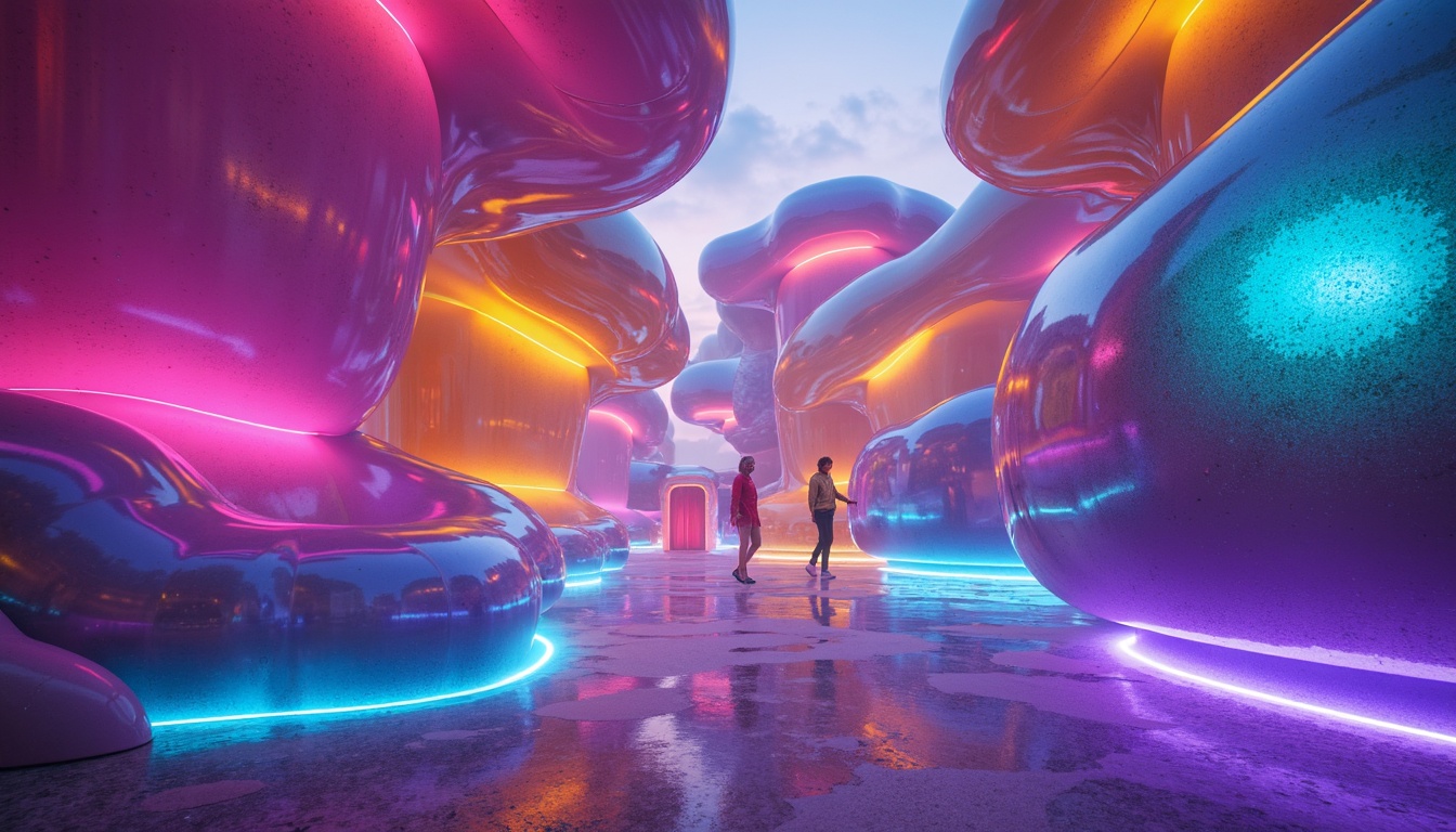 Prompt: Vibrant colored blob-like structures, iridescent sheen, neon-lit accents, glossy surfaces, futuristic architecture, undulating curves, amoeba-inspired shapes, translucent materials, soft glowing lights, atmospheric mist, whimsical fantastical environment, dreamlike quality, surreal atmosphere, 3/4 composition, shallow depth of field, panoramic view, realistic reflections, ambient occlusion.