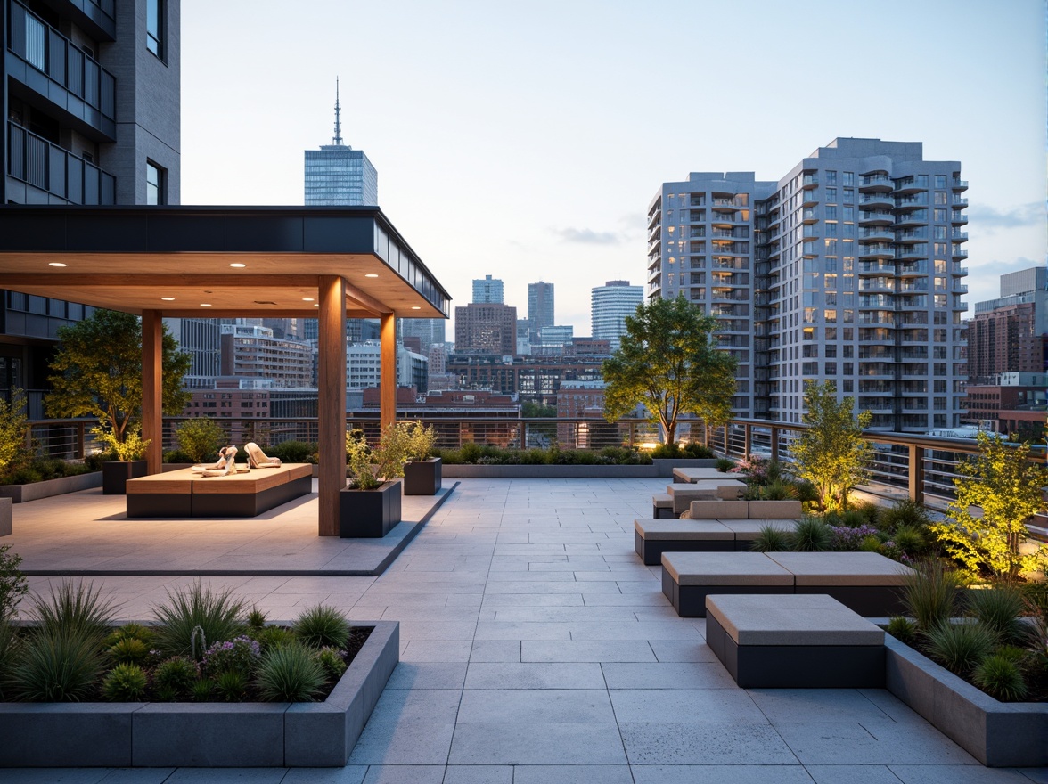 Prompt: Rooftop garden, minimalist decor, industrial chic, steel railings, concrete planters, geometric-shaped planters, succulent plants, modernist architecture, flat roof, urban skyline view, cityscape backdrop, functional outdoor furniture, built-in benches, cantilevered shade structures, bold color accents, graphic patterns, rectangular forms, clean lines, functional lighting, warm ambient glow, shallow depth of field, 2/3 composition, realistic textures, subtle atmospheric effects.