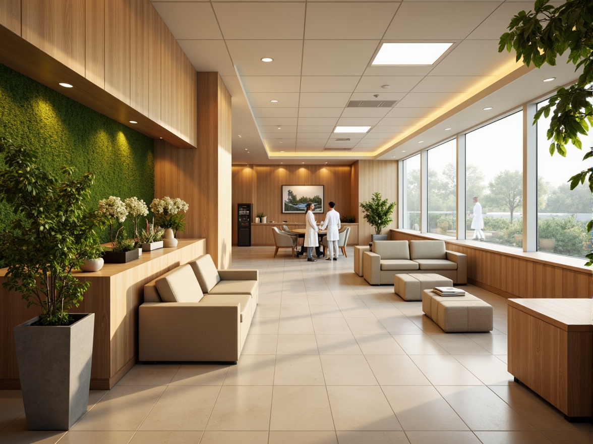 Prompt: Calming healthcare center, soft warm lighting, gentle color temperatures, comfortable waiting areas, natural wood accents, soothing water features, peaceful green walls, minimalist decor, modern medical equipment, sleek metal fixtures, warm beige flooring, cozy reading nooks, calming artwork, subtle texture variations, shallow depth of field, 1/1 composition, realistic renderings, ambient occlusion.