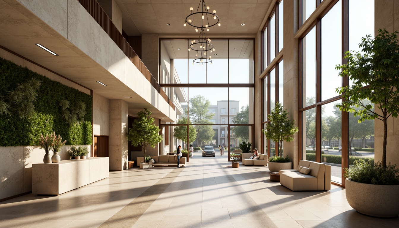 Prompt: Grand hotel lobby, high ceilings, floor-to-ceiling windows, sliding glass doors, transparent walls, natural stone flooring, minimal obstruction, open spaces, airy atmosphere, warm sunny day, soft diffused lighting, shallow depth of field, 1/2 composition, symmetrical view, realistic reflections, ambient occlusion, luxurious furnishings, elegant chandeliers, cream-colored marble countertops, verdant greenery, living walls, vertical gardens.