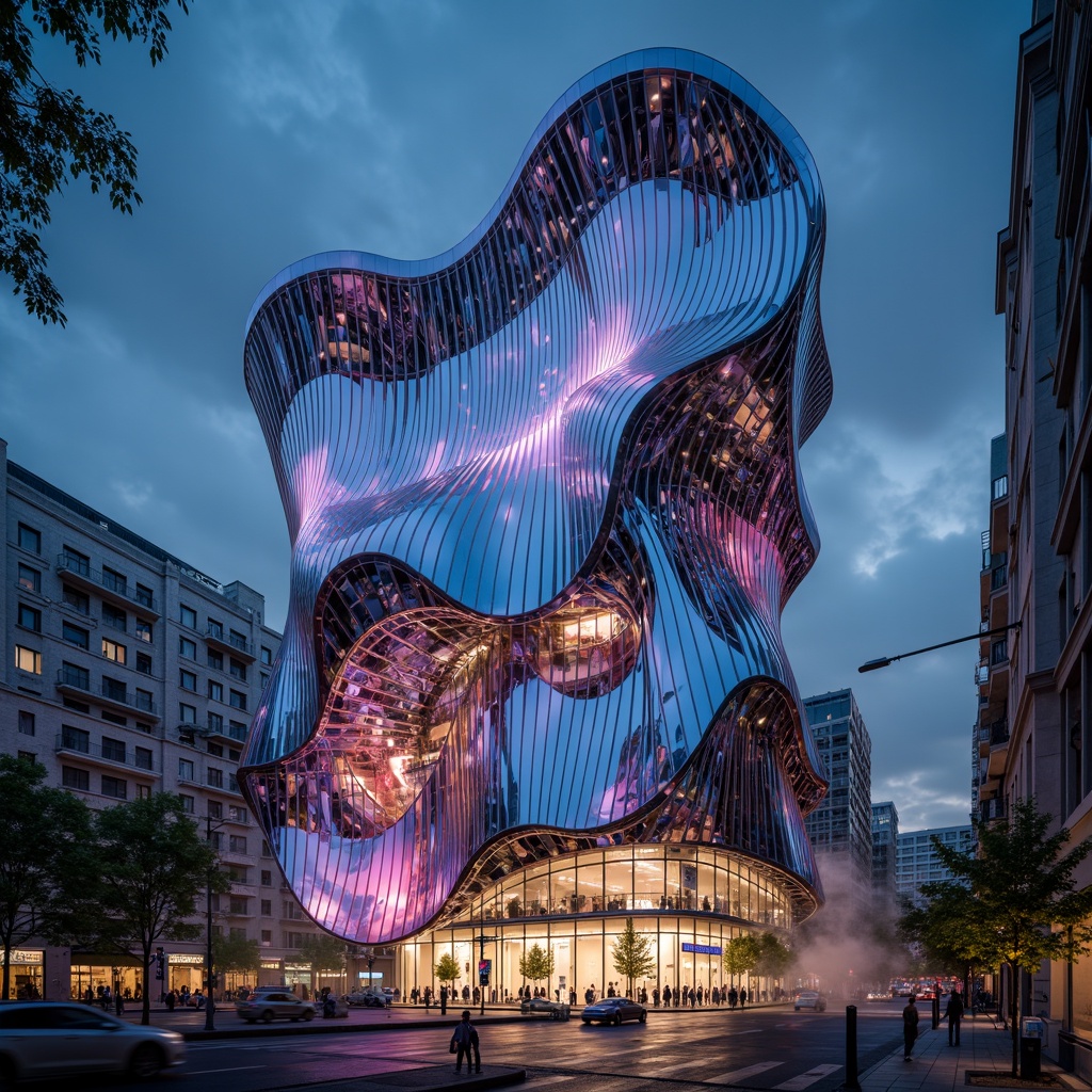 Prompt: Organic blob-shaped buildings, futuristic architecture, iridescent color-shifting facade, parametric design, undulating curves, glossy metallic surfaces, LED lighting installations, dynamic pattern projections, misty atmospheric effects, shallow depth of field, 1/1 composition, high-angle shot, cinematic rendering, advanced material properties, translucent glass panels, fiber-optic connections, holographic displays, augmented reality interfaces, neon-lit night scenes, urban cityscape backgrounds.