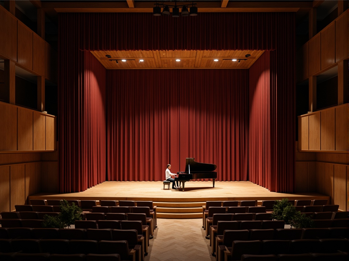 Prompt: Intimate concert hall, wooden stage, grand piano, velvet curtains, plush audience seating, sound-absorbing panels, acoustic diffusers, reverberation-enhancing architecture, warm ambient lighting, subtle color scheme, rich wood tones, ornate details, precise sound reflection, 1/2 composition, shallow depth of field, soft focus, realistic textures, ambient occlusion.