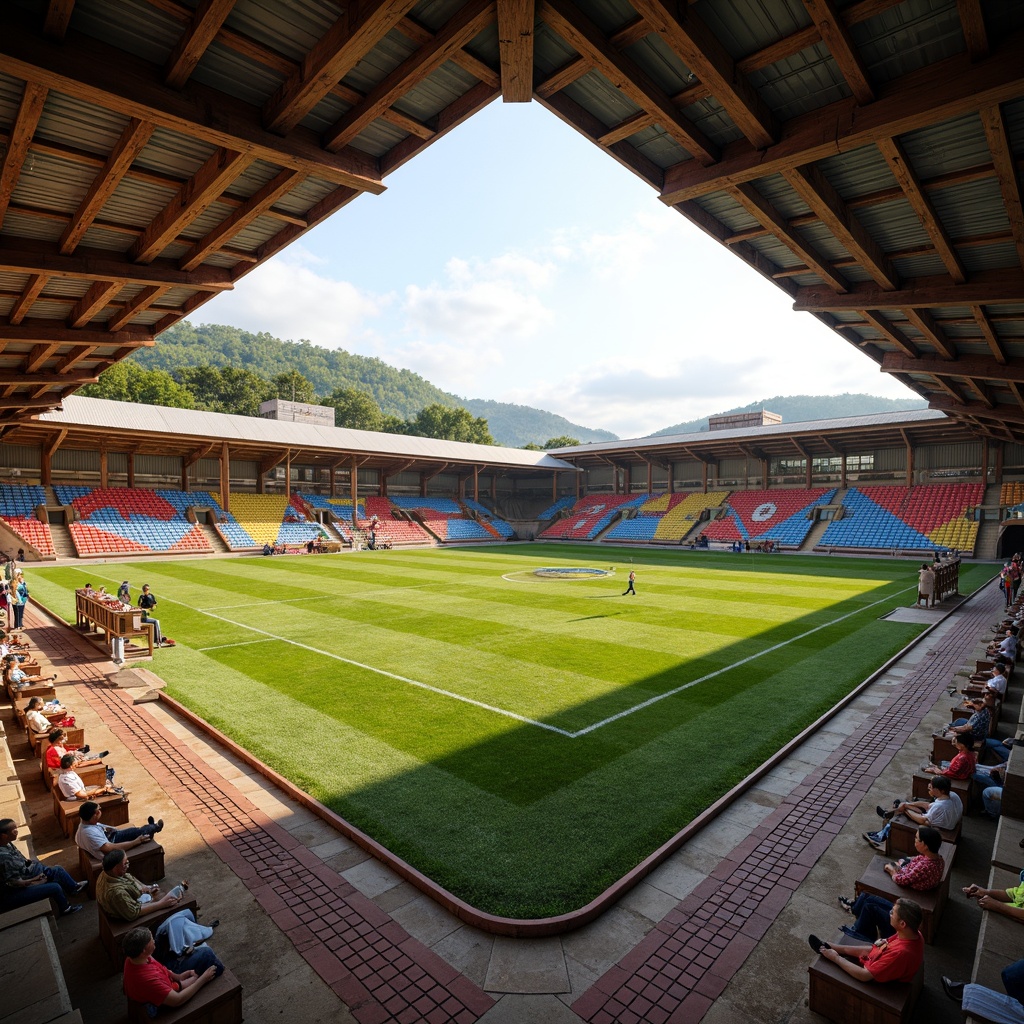 Prompt: Rustic soccer stadium, regional brick fa\u00e7ade, earthy tone concrete walls, wooden roof trusses, corrugated metal cladding, natural stone seating areas, lush green pitch, vibrant team colors, local cultural patterns, geometric tile work, warm afternoon sunlight, soft shadows, shallow depth of field, 1/2 composition, panoramic view, realistic textures, ambient occlusion.