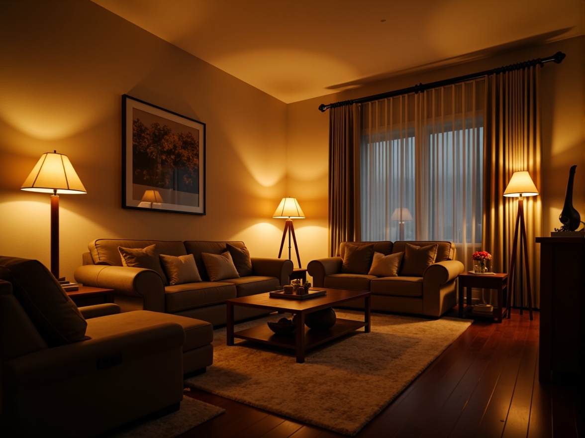 Prompt: Cozy living room, warm ambient lighting, soft golden glow, comfortable seating area, modern floor lamps, table lamps, warm beige walls, dark wood furniture, plush carpets, intimate atmosphere, relaxing mood, subtle shadows, 1/2 composition, shallow depth of field, realistic textures, soft focus, gentle color palette, calm evening ambiance.