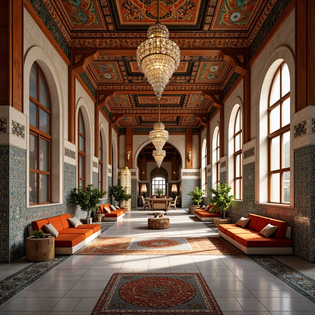 Prompt: Vibrant Islamic-inspired architecture, intricately patterned walls, colorful geometric tiles, Moroccan-style arches, ornate domes, symmetrical compositions, bold angular lines, abstract shapes, rich textures, luxurious fabrics, opulent lighting fixtures, grandiose chandeliers, lavish furnishings, exotic cultural influences, ancient craftsmanship, mystical ambiance, warm golden hues, soft diffused light, shallow depth of field, 3/4 composition, panoramic view.