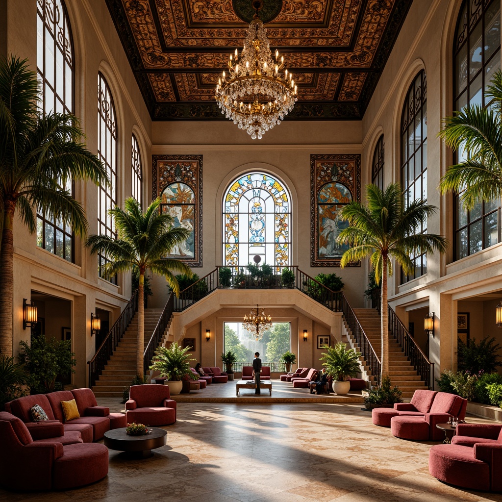 Prompt: Luxurious hotel lobby, ornate metalwork, sinuous lines, flowing curves, stained glass windows, intricate mosaics, vibrant ceramic tiles, iridescent fabrics, plush velvet upholstery, polished marble floors, gleaming brass fixtures, opulent chandeliers, grand staircases, natural stone walls, botanical motifs, tropical plants, warm golden lighting, soft focus, shallow depth of field, 2/3 composition, atmospheric perspective, realistic reflections.