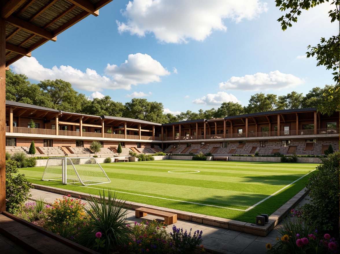 Prompt: Rustic soccer stadium, regional materials, earthy tones, natural stone fa\u00e7ade, wooden beams, corrugated metal roofs, traditional brick walls, curved lines, organic forms, lush greenery, vibrant flowers, local flora, sports equipment, goalposts, spectator seats, sun-drenched day, warm soft lighting, shallow depth of field, 3/4 composition, panoramic view, realistic textures, ambient occlusion.