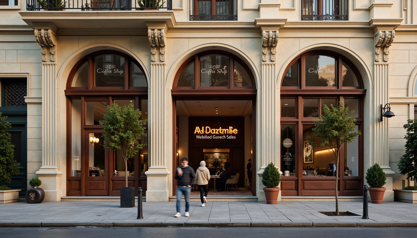 Prompt: Elegant coffee shop facade, neoclassical architecture style, symmetrical composition, ornate details, grand entrance, arched windows, Corinthian columns, cream-colored stone walls, subtle rustication, decorative pilasters, ornamental pediment, rich wood accents, bronze door handles, vintage-inspired signage, soft warm lighting, inviting atmosphere, urban street context, morning sunlight, shallow depth of field, 1/2 composition, realistic textures, ambient occlusion.