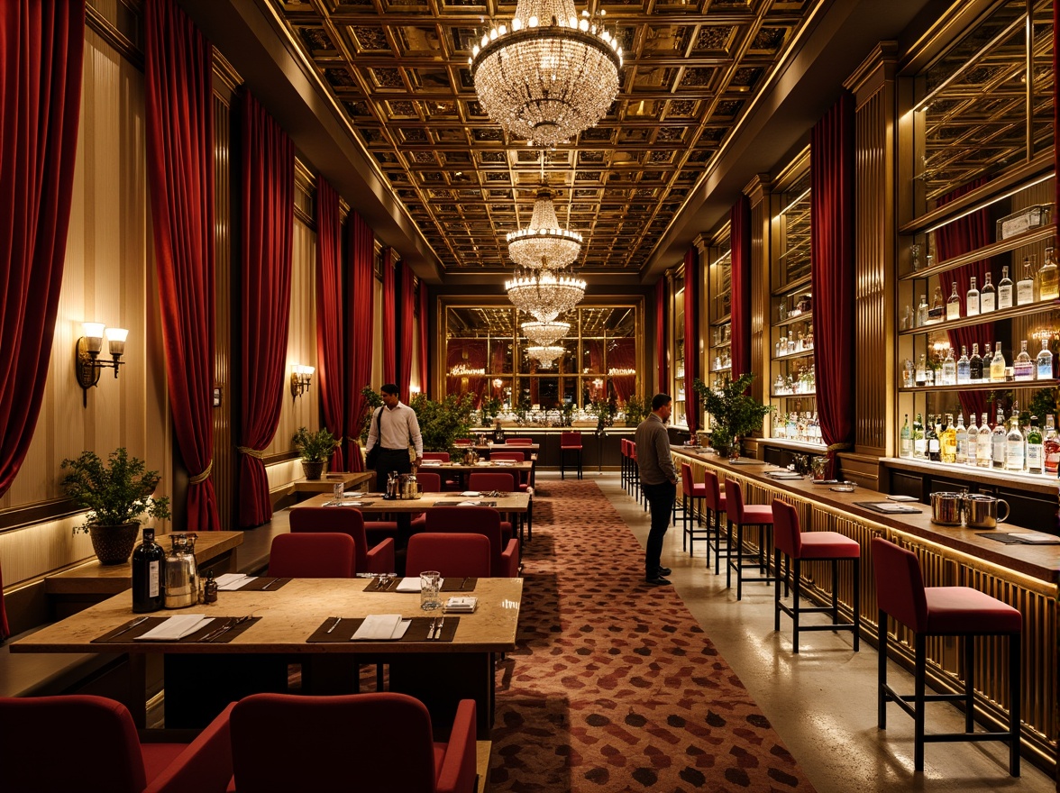 Prompt: Luxurious bar interior, ornate metalwork, geometric patterns, art deco inspiration, metallic finishes, bold color schemes, lavish furnishings, velvet drapes, crystal chandeliers, polished marble countertops, intricate mirrors, opulent textures, warm golden lighting, shallow depth of field, 1/1 composition, realistic reflections, ambient occlusion.