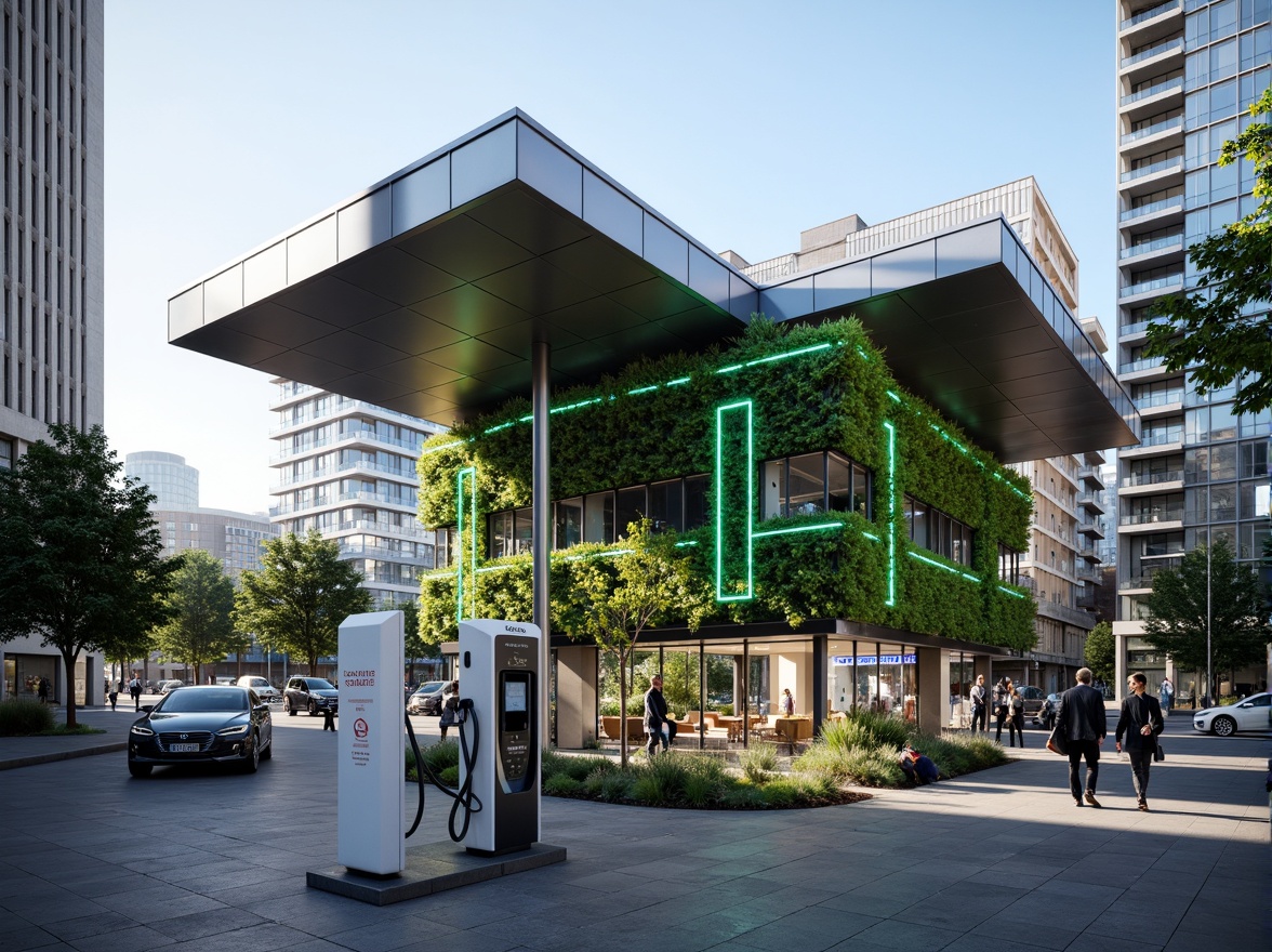 Prompt: Eco-friendly charging station, modernist architecture, sleek metal canopy, solar panels, green roofs, living walls, urban landscape, busy streets, electric vehicles, futuristic design, angular lines, minimalist aesthetic, LED lighting, neon accents, concrete floors, recycled materials, energy-efficient systems, rainwater harvesting, grey water reuse, natural ventilation, abundant daylight, shallow depth of field, 3/4 composition, panoramic view, realistic textures, ambient occlusion.