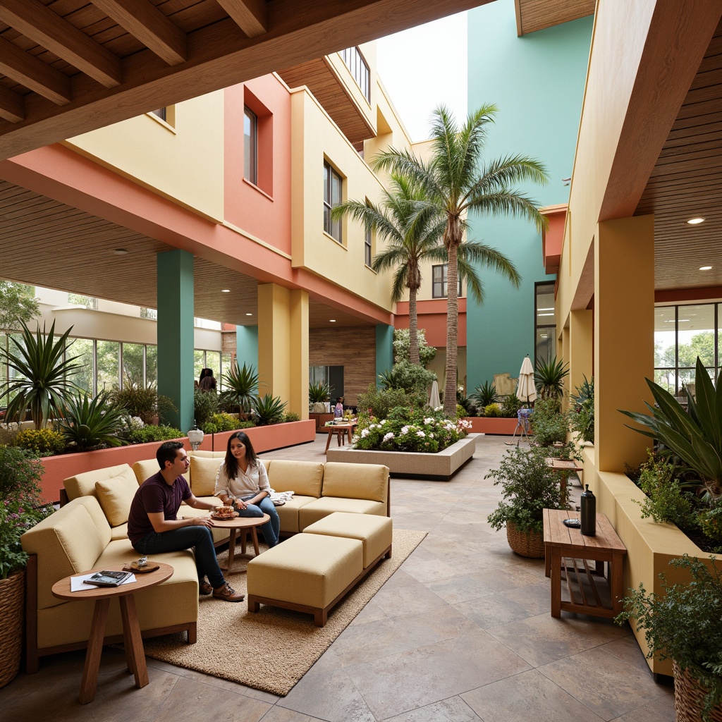 Prompt: Vibrant community center, warm beige walls, rich wood accents, cozy furniture upholstery, soft pastel hues, calming turquoise tones, energetic coral shades, inviting yellow highlights, natural stone flooring, lush greenery, abundant daylight, softbox lighting, 1/2 composition, intimate gathering spaces, eclectic decorative elements, textured rugs, plush throw pillows.