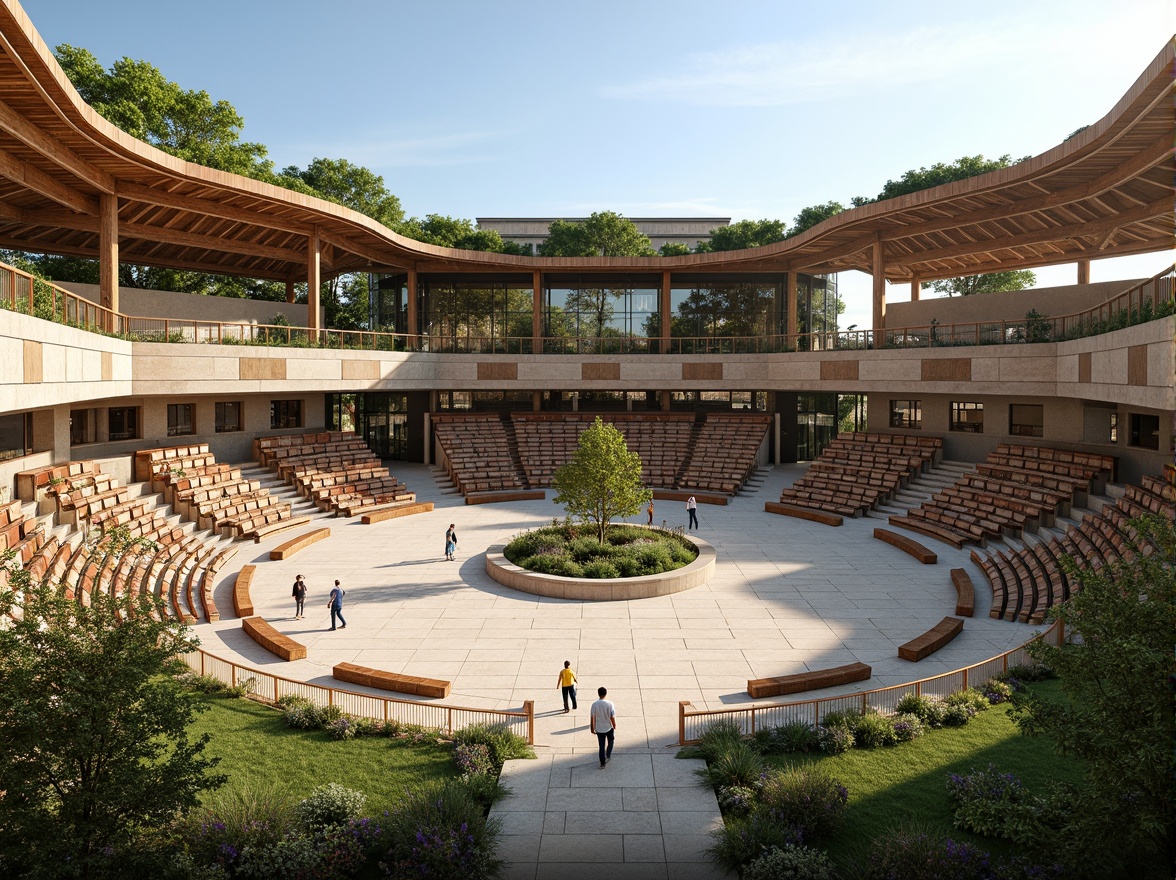 Prompt: Rustic stadium exterior, natural stone walls, wooden roof trusses, bamboo seating areas, living green roofs, reclaimed wood accents, earthy tone color scheme, organic curves, modern minimalist design, sleek glass facades, cantilevered structures, dramatic overhangs, sunny day, soft warm lighting, shallow depth of field, 3/4 composition, panoramic view, realistic textures, ambient occlusion.