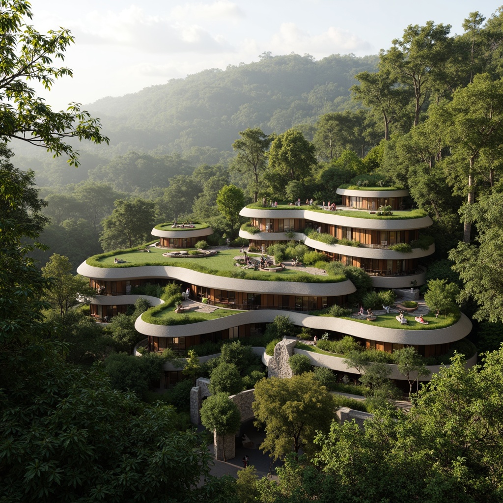 Prompt: Harmonious building integration, lush green roofs, native plant species, curved lines, organic forms, natural stone walls, wooden accents, large windows, minimalistic design, seamless transitions, surrounding forest, misty atmosphere, warm sunlight filtering, soft shadows, 1/2 composition, cinematic view, realistic foliage, ambient occlusion.