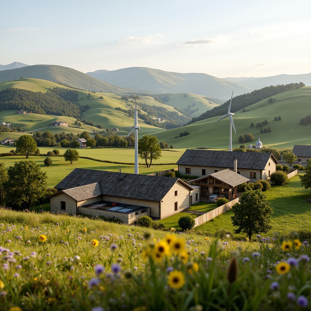 Prompt: Rustic farmhouses, rolling hills, lush green pastures, windmills, solar panels, modern agricultural equipment, curved rooftops, earthy tones, natural stone walls, wooden fences, wildflower fields, serene countryside, warm sunny day, soft gentle lighting, shallow depth of field, 3/4 composition, panoramic view, realistic textures, ambient occlusion.