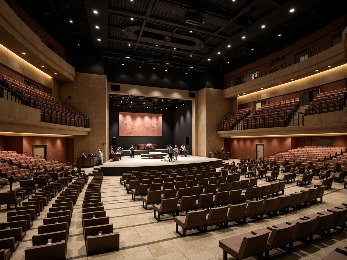 Prompt: Tiered seating, curved rows, audience-focused layout, comfortable cushions, sturdy metal frames, weather-resistant upholstery, gradient slope, optimal viewing angles, central performance stage, raised platforms, stepped aisles, accessible ramps, inclusive disability accommodations, natural stone flooring, subtle ambient lighting, warm color scheme, acoustic sound design, echo-reducing materials, panoramic views, dramatic ceiling height, grand entranceways.