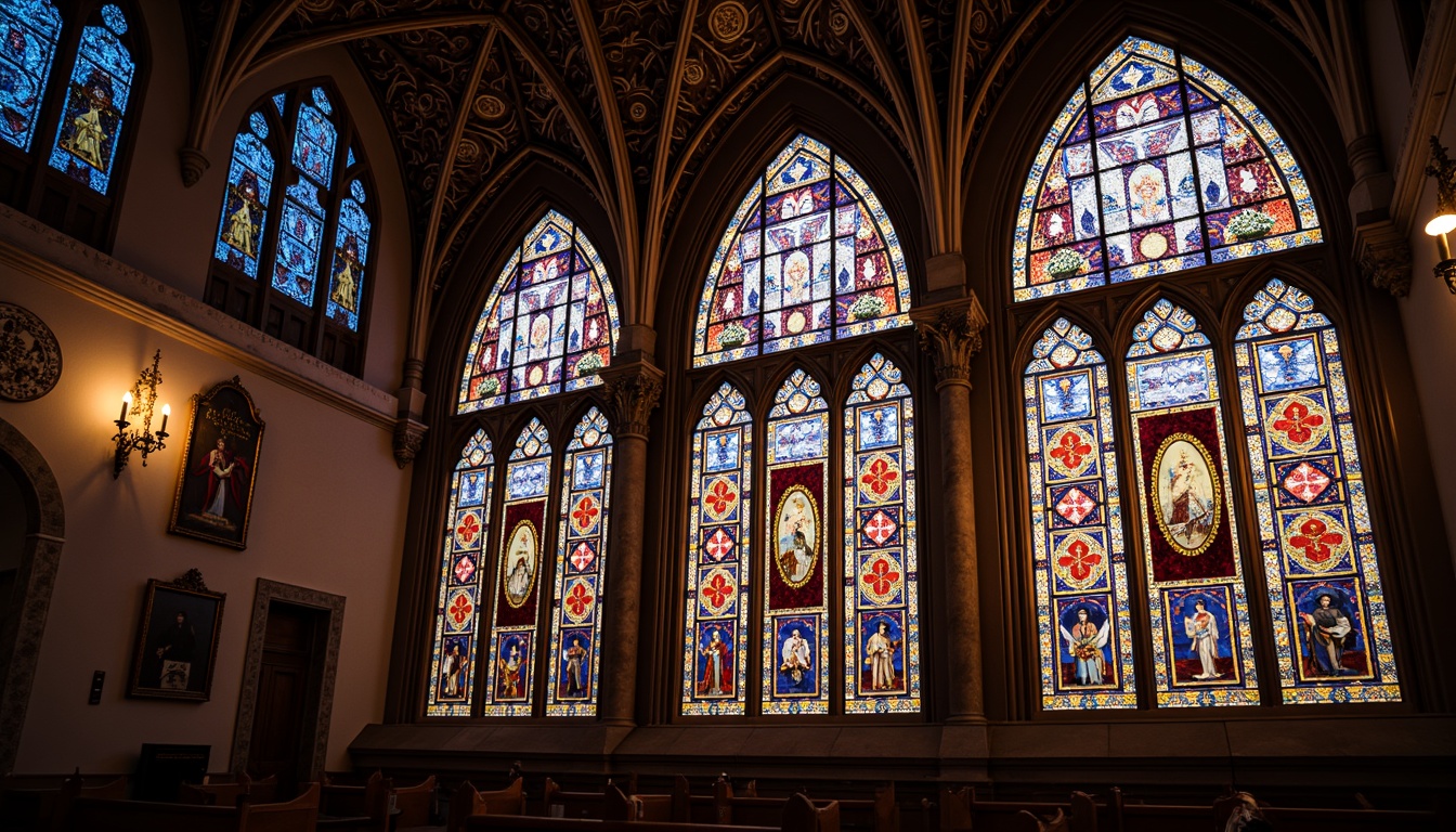 Prompt: Vibrant stained glass windows, kaleidoscope colors, ornate patterns, Gothic architecture, intricate designs, rich textures, luminous lighting, warm ambient glow, soft focus, shallow depth of field, 1/1 composition, symmetrical framing, vivid color palette, subtle gradations, delicate details, elegant curves, luxurious atmosphere, serene ambiance.