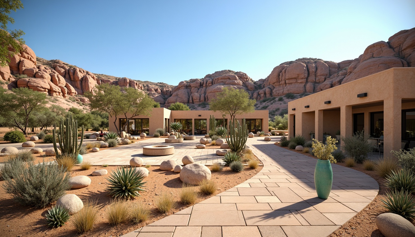 Prompt: Desert oasis, sandy dunes, cactus plants, succulent arrangements, rock formations, arid landscape, hot sunny day, clear blue sky, vast open space, modern desert architecture, adobe buildings, earthy tones, natural stone pathways, drought-resistant vegetation, xeriscaping, water-efficient irrigation systems, shaded outdoor spaces, misting systems, Southwestern-inspired pottery, vibrant turquoise accents, intricate geometric patterns, warm golden lighting, shallow depth of field, 3/4 composition, panoramic view, realistic textures, ambient occlusion.