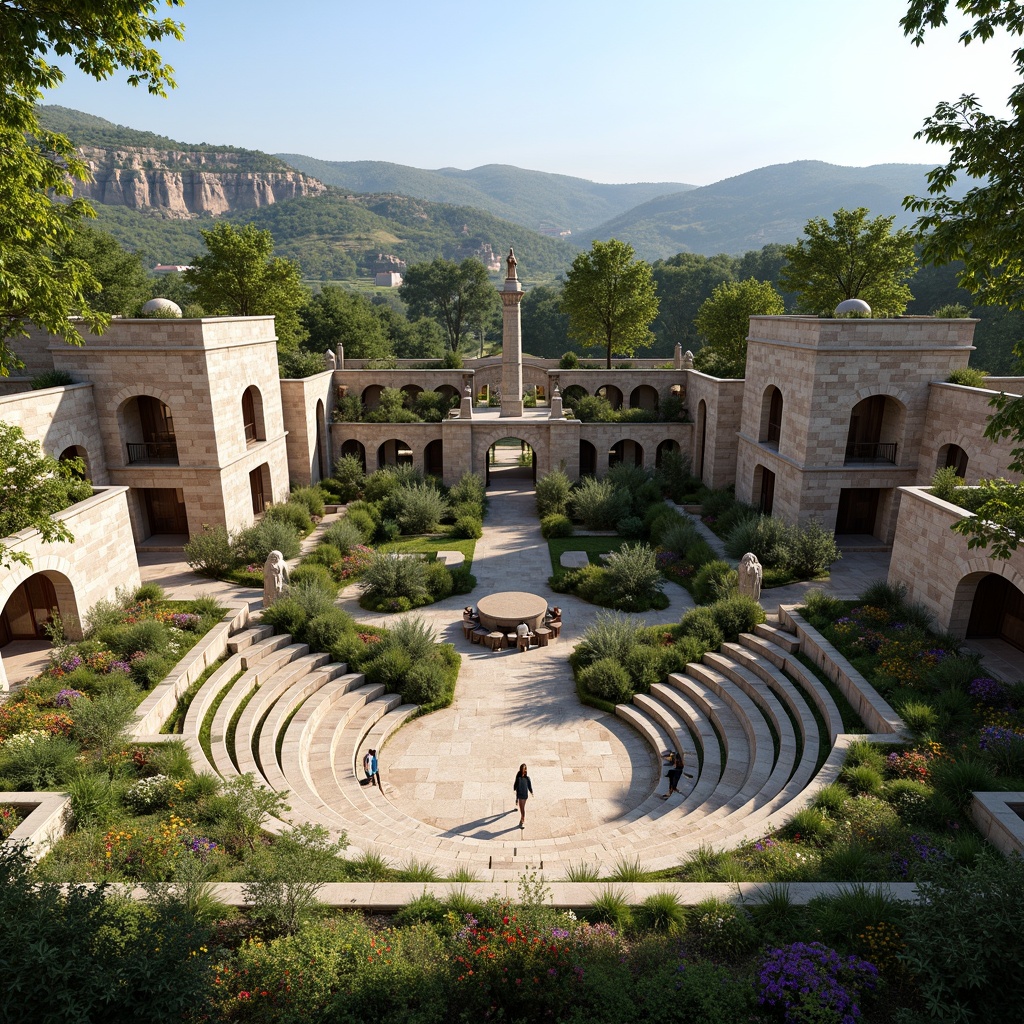 Prompt: Ancient Romanesque amphitheater, rustic stone walls, arched entrances, grandiose columns, lush greenery, vibrant flowers, natural rock formations, rolling hills, serene countryside, warm sunny day, soft diffused lighting, shallow depth of field, 3/4 composition, panoramic view, realistic textures, ambient occlusion, integrated seating areas, accessible walkways, harmonious landscape fusion, ecological balance, sustainable design solutions.