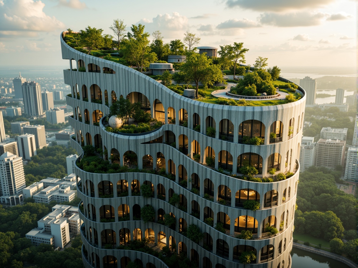 Prompt: Curved skyscraper, organic blob-like shape, futuristic architecture, lush green roof gardens, cascading waterfalls, misty atmosphere, vibrant tropical plants, iridescent glass fa\u00e7ade, metallic accents, winding walkways, panoramic city views, dramatic cloudy skies, warm golden lighting, shallow depth of field, 1/2 composition, cinematic camera angles, realistic reflections, ambient occlusion.