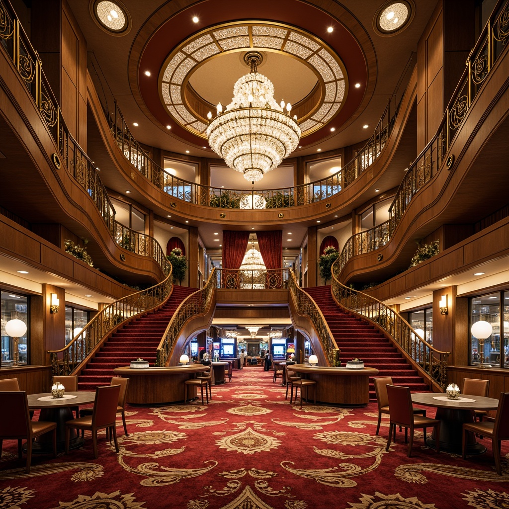 Prompt: Luxurious casino interior, curved Art Nouveau lines, ornate metallic details, grand chandeliers, rich velvet drapes, intricately patterned carpets, gilded accents, opulent furnishings, lavish decorative elements, sweeping staircases, majestic high ceilings, warm golden lighting, soft focus, 1/1 composition, realistic reflections, detailed textures.