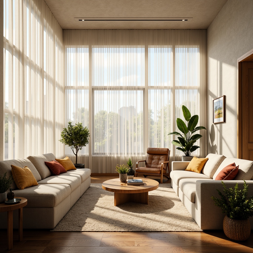 Prompt: Vibrant living room, floor-to-ceiling windows, sheer white curtains, warm natural light, soft shadows, comfortable seating area, wooden coffee table, plush sofas, greenery plants, modern minimalist decor, neutral color palette, subtle textures, 1/1 composition, shallow depth of field, realistic rendering.