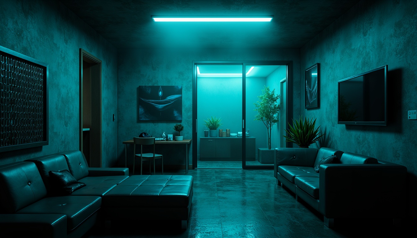 Prompt: Moody dark cyan walls, mysterious ambiance, futuristic neon lights, metallic accents, high-tech gadgets, sleek modern furniture, minimalist decor, abstract digital art, atmospheric mist, dramatic shadows, cinematic lighting, 1/1 composition, shallow depth of field, realistic reflections, ambient occlusion.