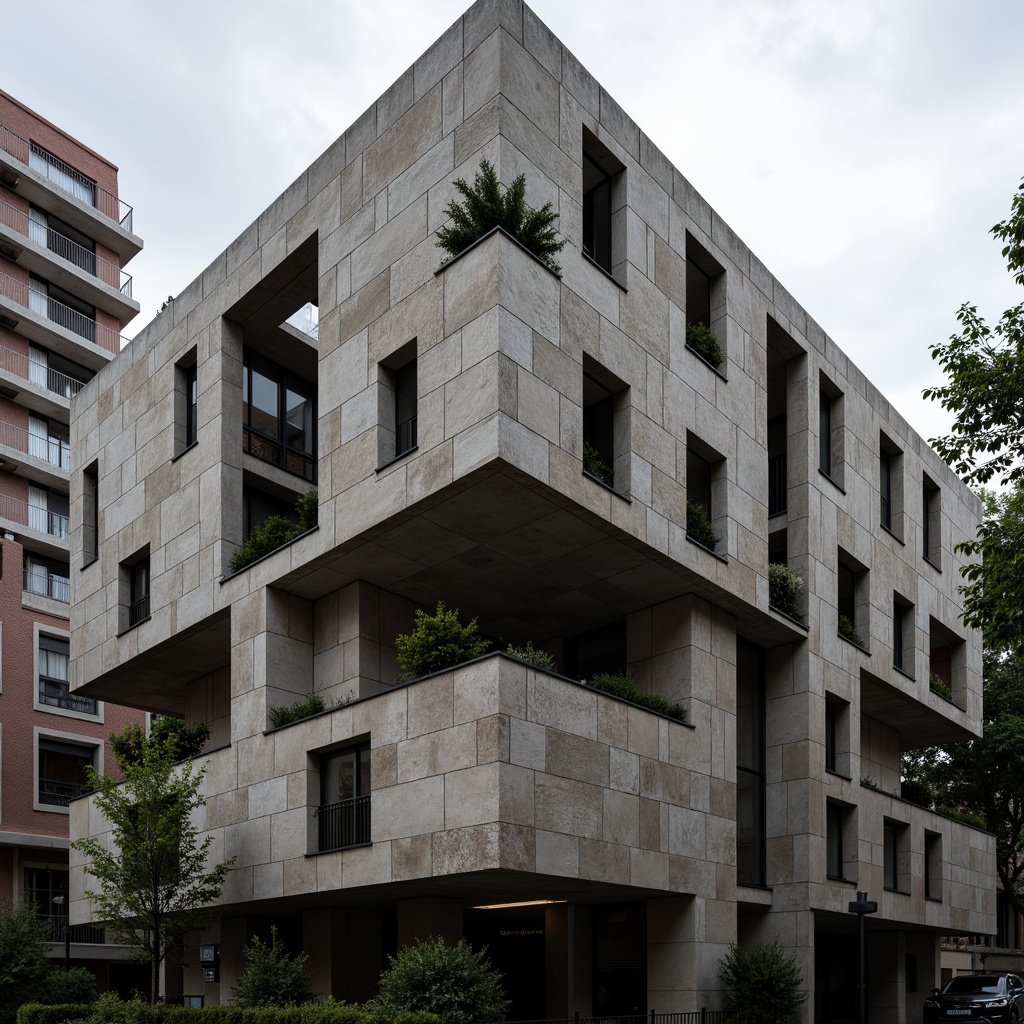 Prompt: Rustic brutalist building, exposed concrete facade, rugged stone walls, metallic beams, industrial pipes, urban cityscape, overcast sky, dramatic shadows, high-contrast lighting, abstract geometric patterns, fragmented forms, deconstructivist architecture, brutalist aesthetics, raw unfinished textures, monochromatic color scheme, bold structural elements, cantilevered volumes, dynamic diagonal lines, 1/2 composition, low-angle shot, cinematic atmosphere.