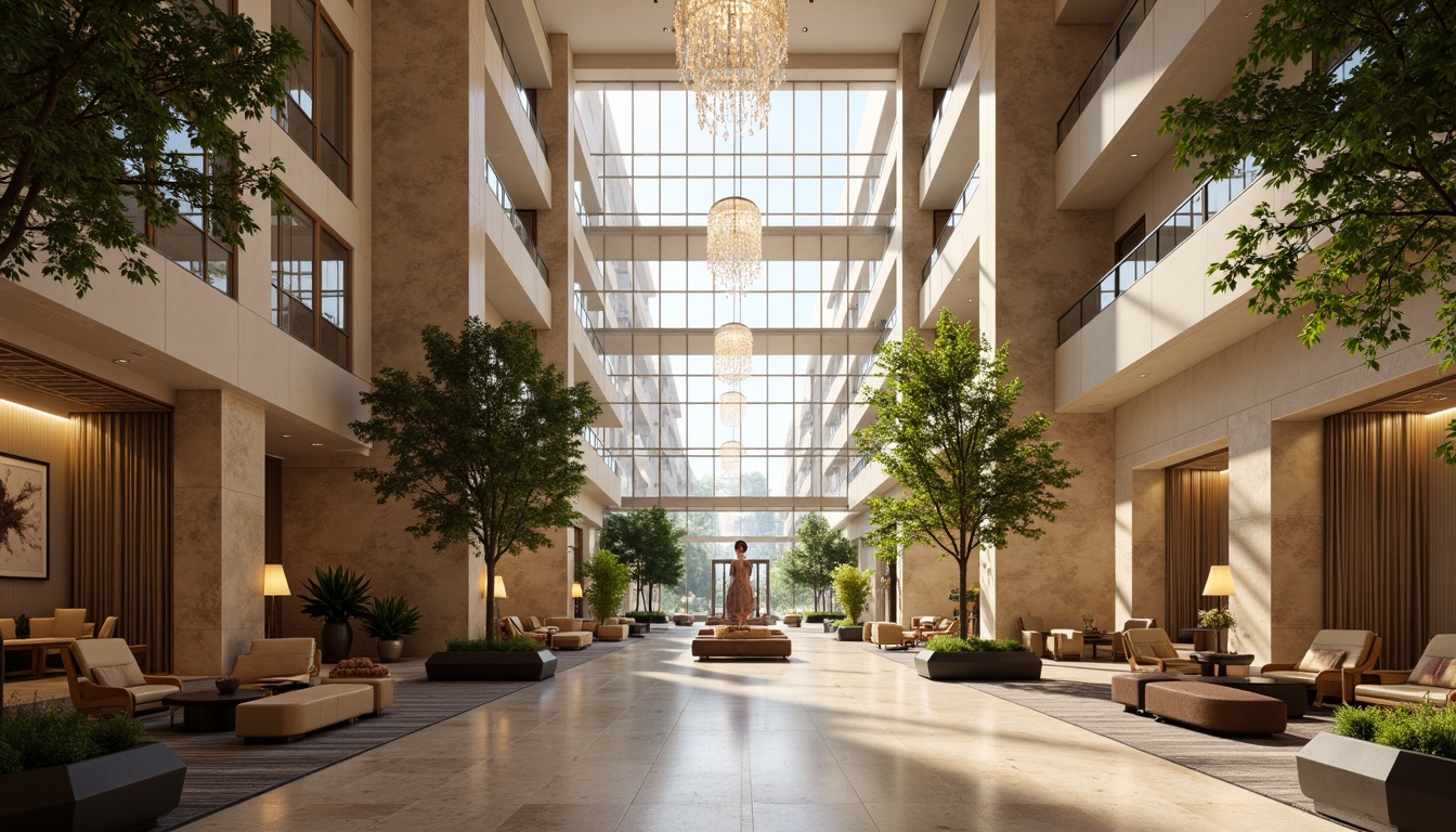 Prompt: Luxurious hotel lobby, high ceilings, spacious atrium, floor-to-ceiling windows, crystal chandeliers, marble floors, lavish furnishings, abundant greenery, natural stone walls, warm beige tones, soft diffused lighting, 1/1 composition, realistic reflections, ambient occlusion.