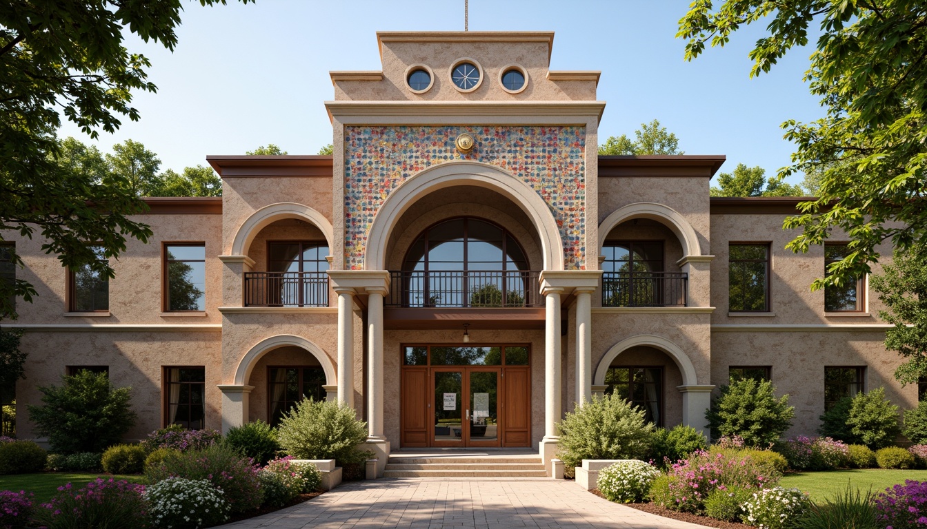 Prompt: Rustic school building, Romanesque style, ornate carvings, intricate stone patterns, grand entrance archways, heavy wooden doors, stained glass windows, vibrant colored tiles, decorative metal railings, lush greenery, blooming flowers, sunny day, soft warm lighting, shallow depth of field, 3/4 composition, panoramic view, realistic textures, ambient occlusion, ornate columns, carved capitals, rounded arches, symmetrical facade, grand clock tower, weathered stone walls.